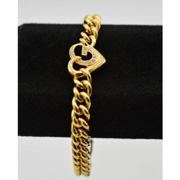 Givenchy Vintage Logo Heart Bracelet Crystal Gold Cuban Chain Signed 1980s Bin2 - Picture 2 of 12